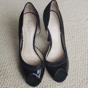 BCBG snakeskin and patent leather peep toes